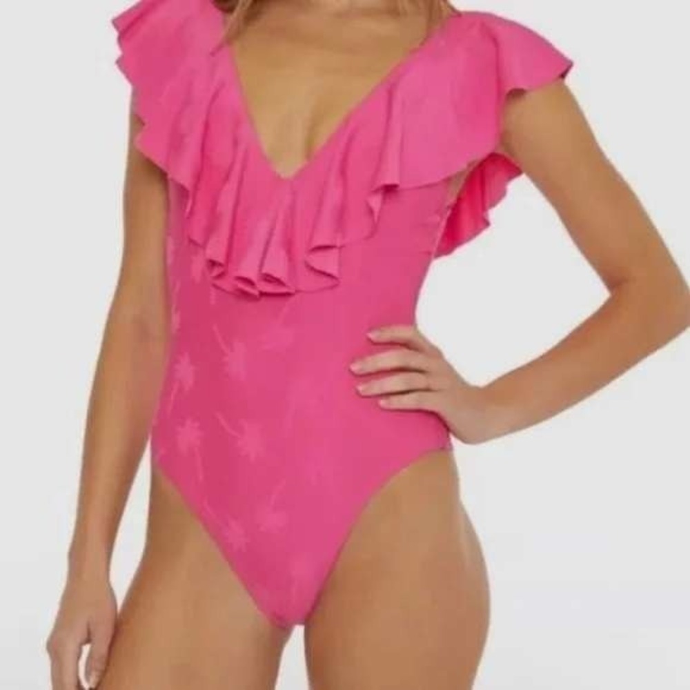 Trina Turk One Piece Swimsuit Pink Monaco Ruffle V Neck Tie Back Palm Tree 6 NWT